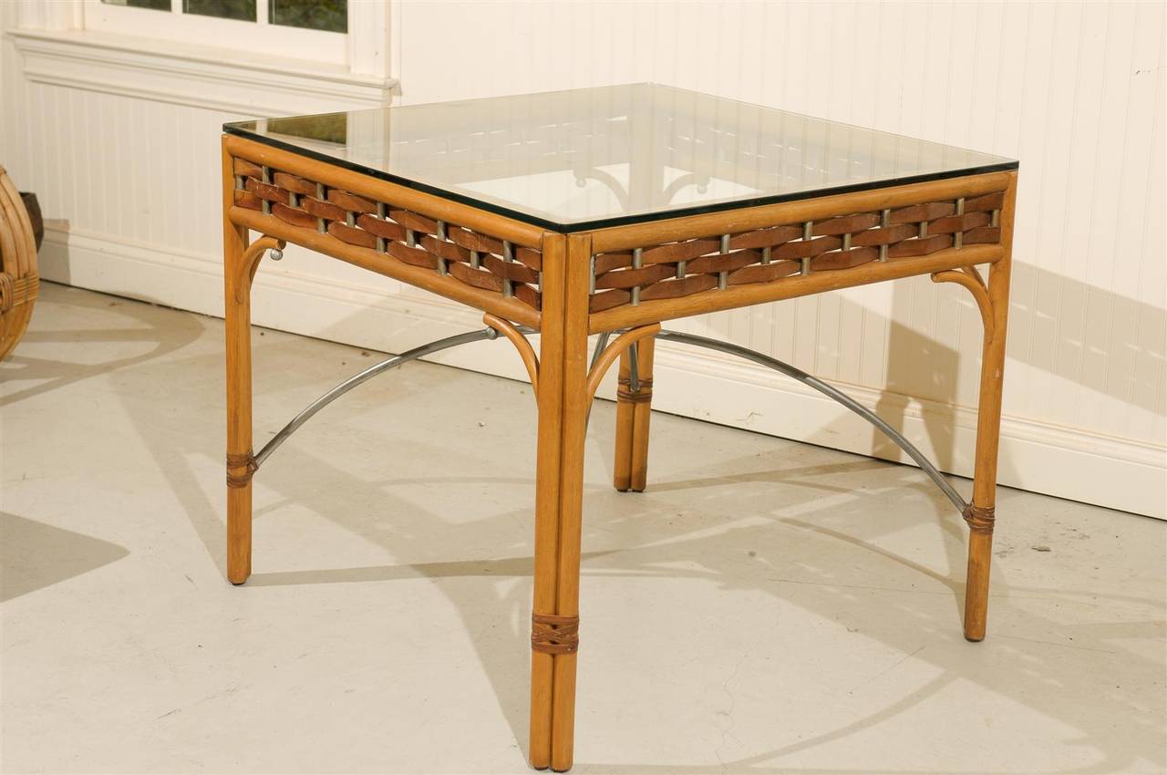 Vintage Rattan Card Table with Leather and Wrought Iron Accents at 1stDibs