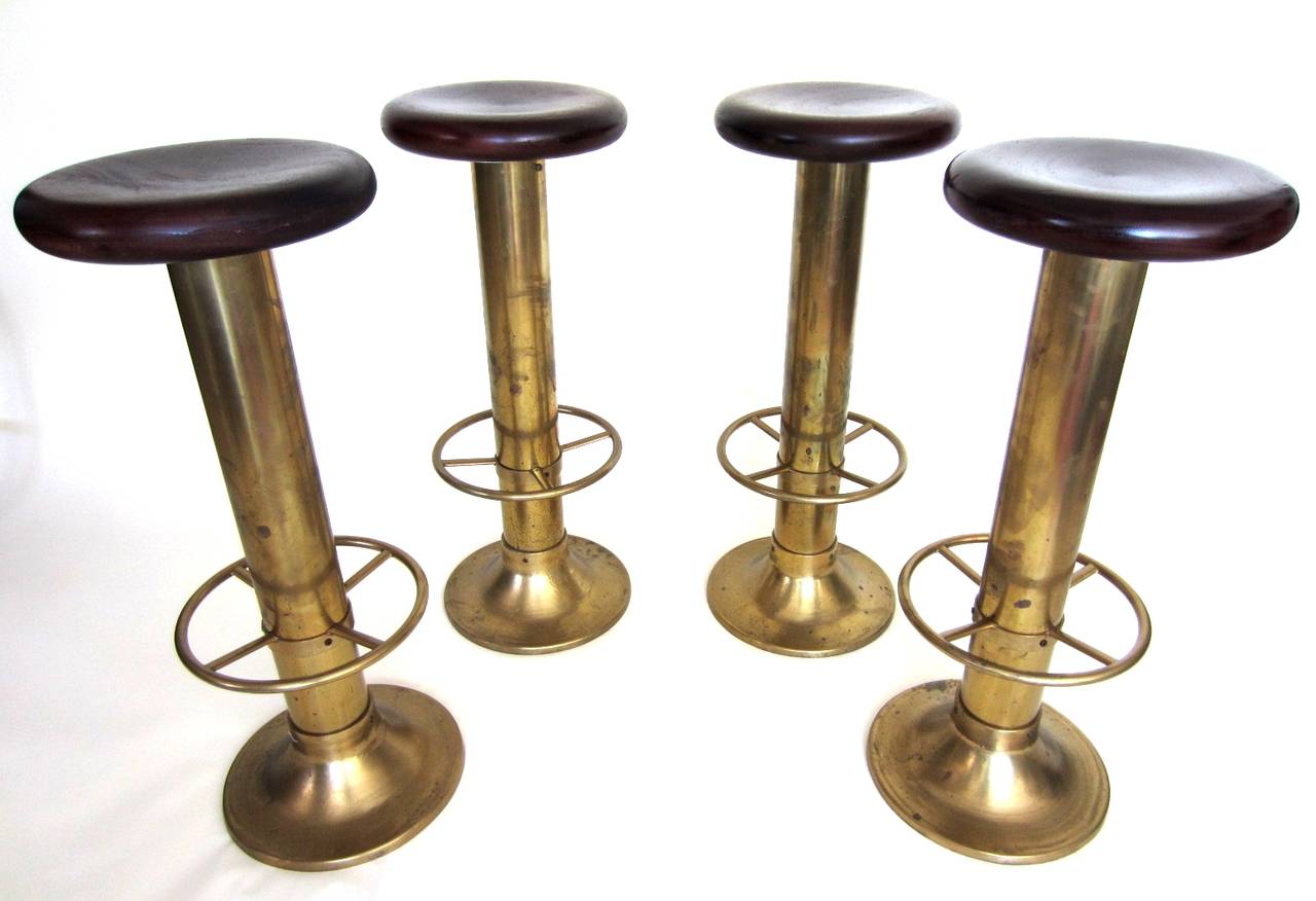 Art Deco Italian Maritime Brass and Mahogany Bar Stools, Set of Four at