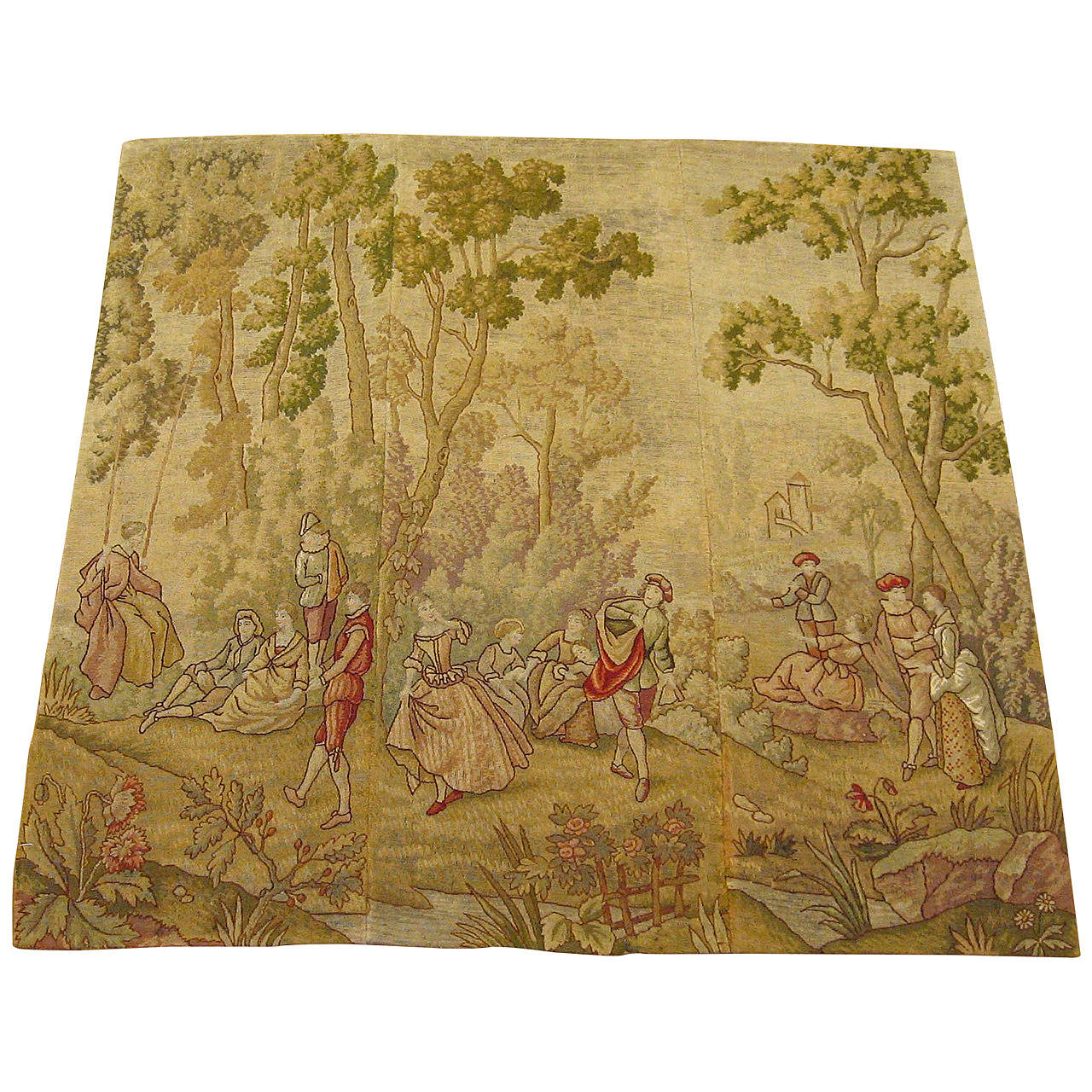Antique European Needlepoint Tapestry Panels with Courtiers Reveling