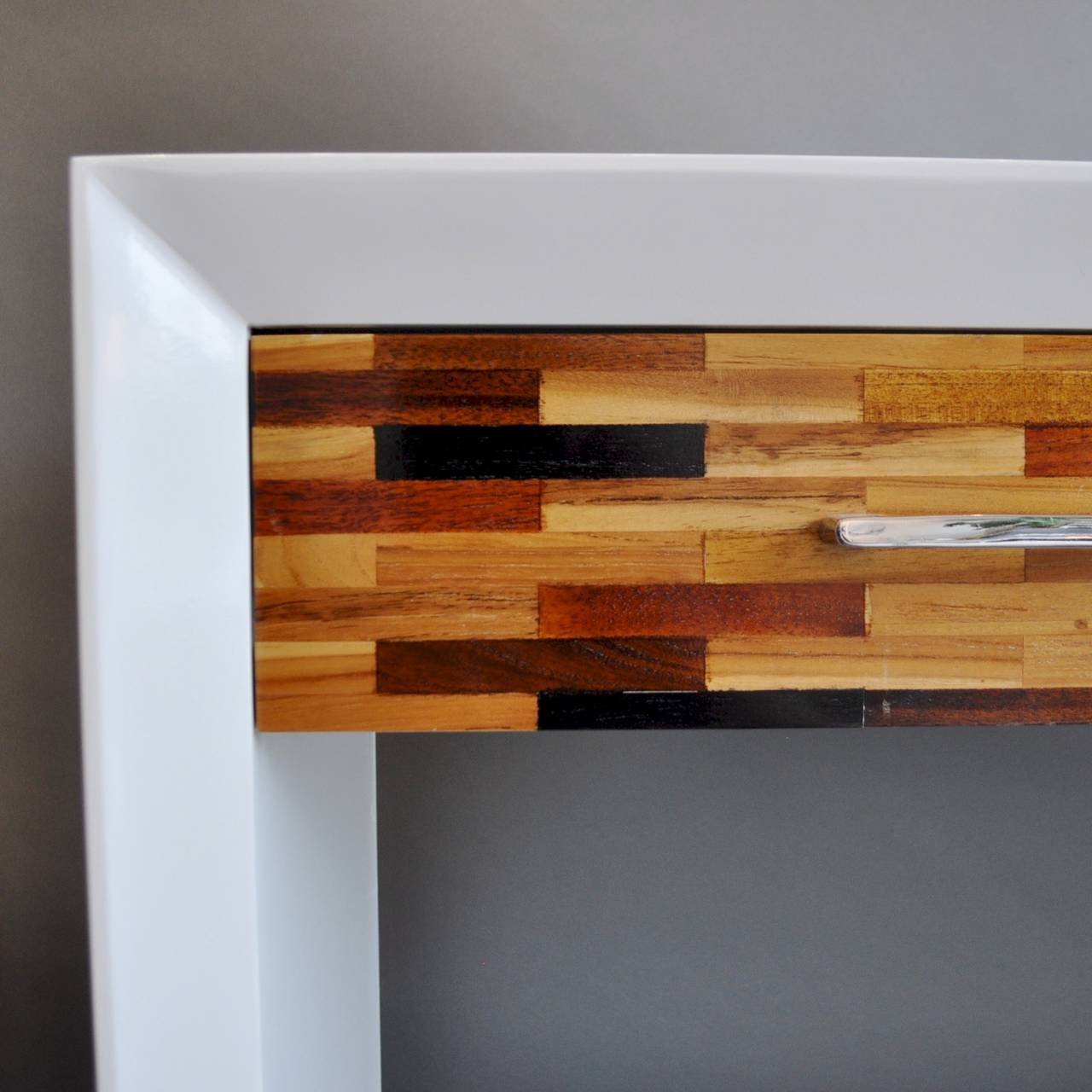 Modernist White Lacquer Console with Parquet Drawer Fronts at 1stdibs