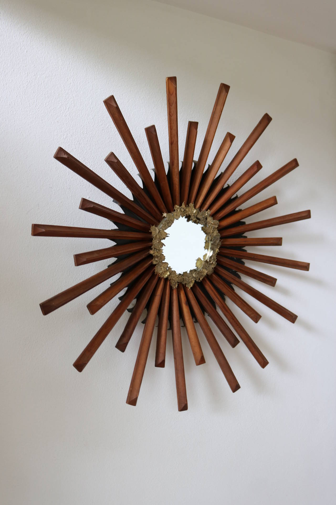 MidCentury Modern Brutalist Brass and Teak Starburst Wall Mirror at