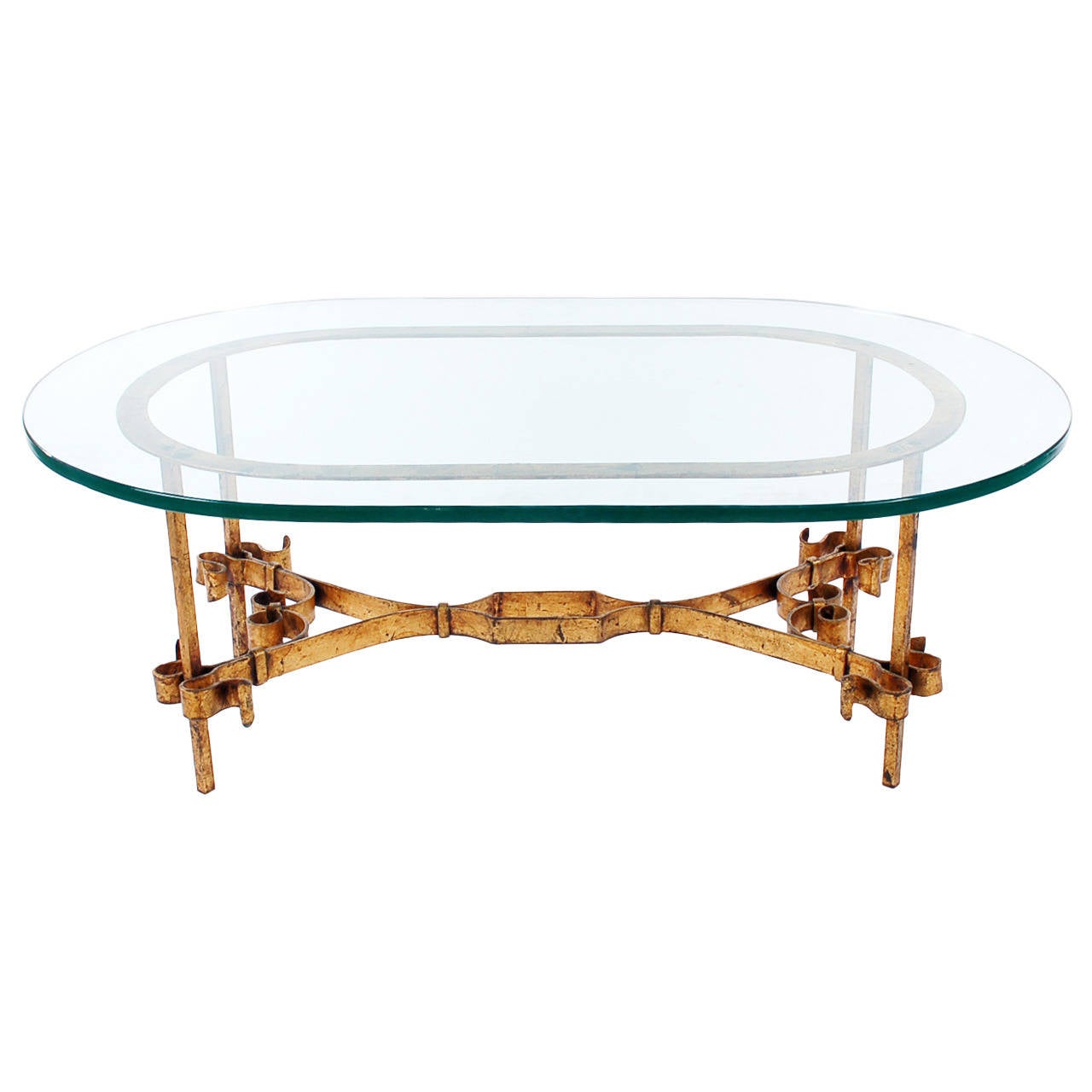 Hollywood Regency Italian Gilt Iron and Glass Coffee Table For Sale at