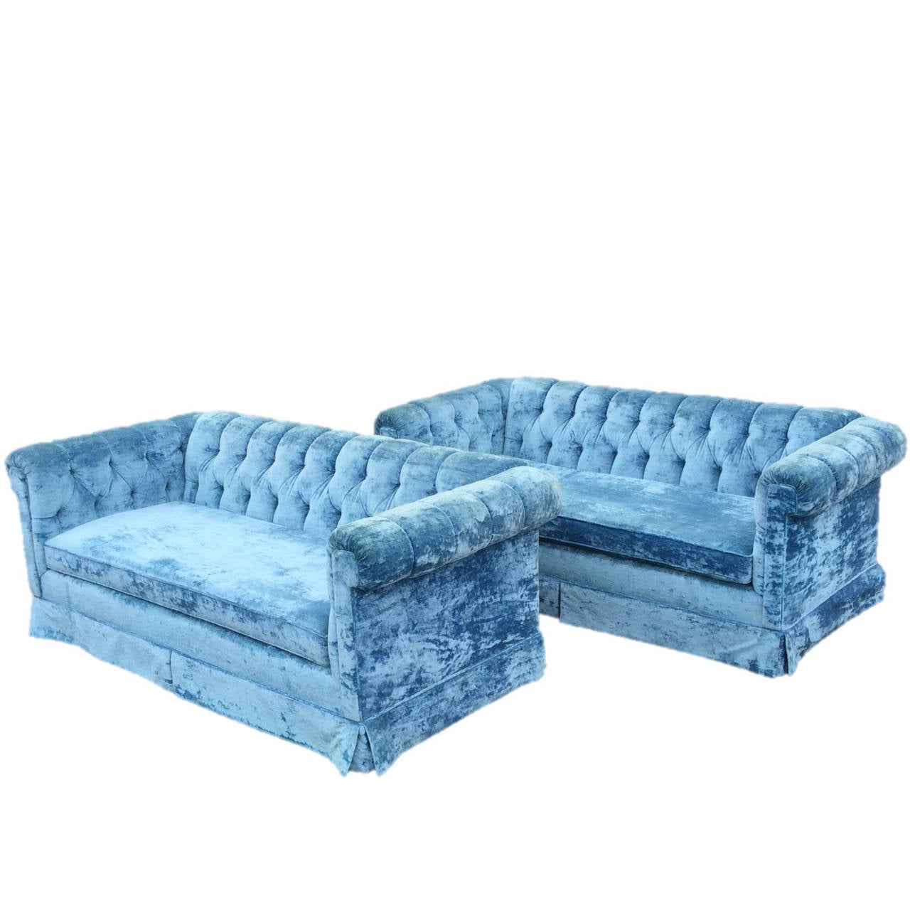 Pair of Petite Blue Tufted Velvet Chesterfield Sofas at 1stDibs