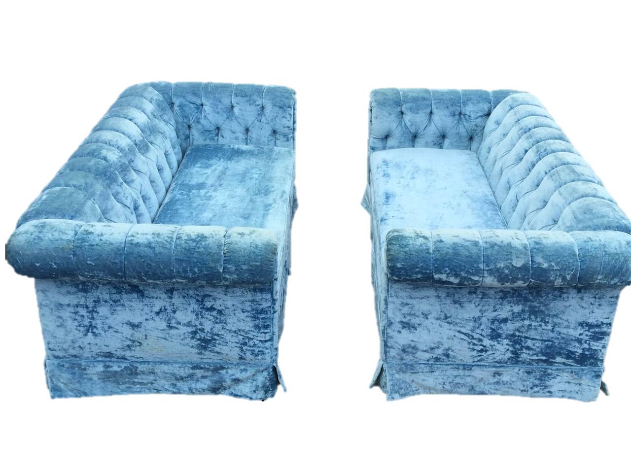 Pair of Petite Blue Tufted Velvet Chesterfield Sofas at