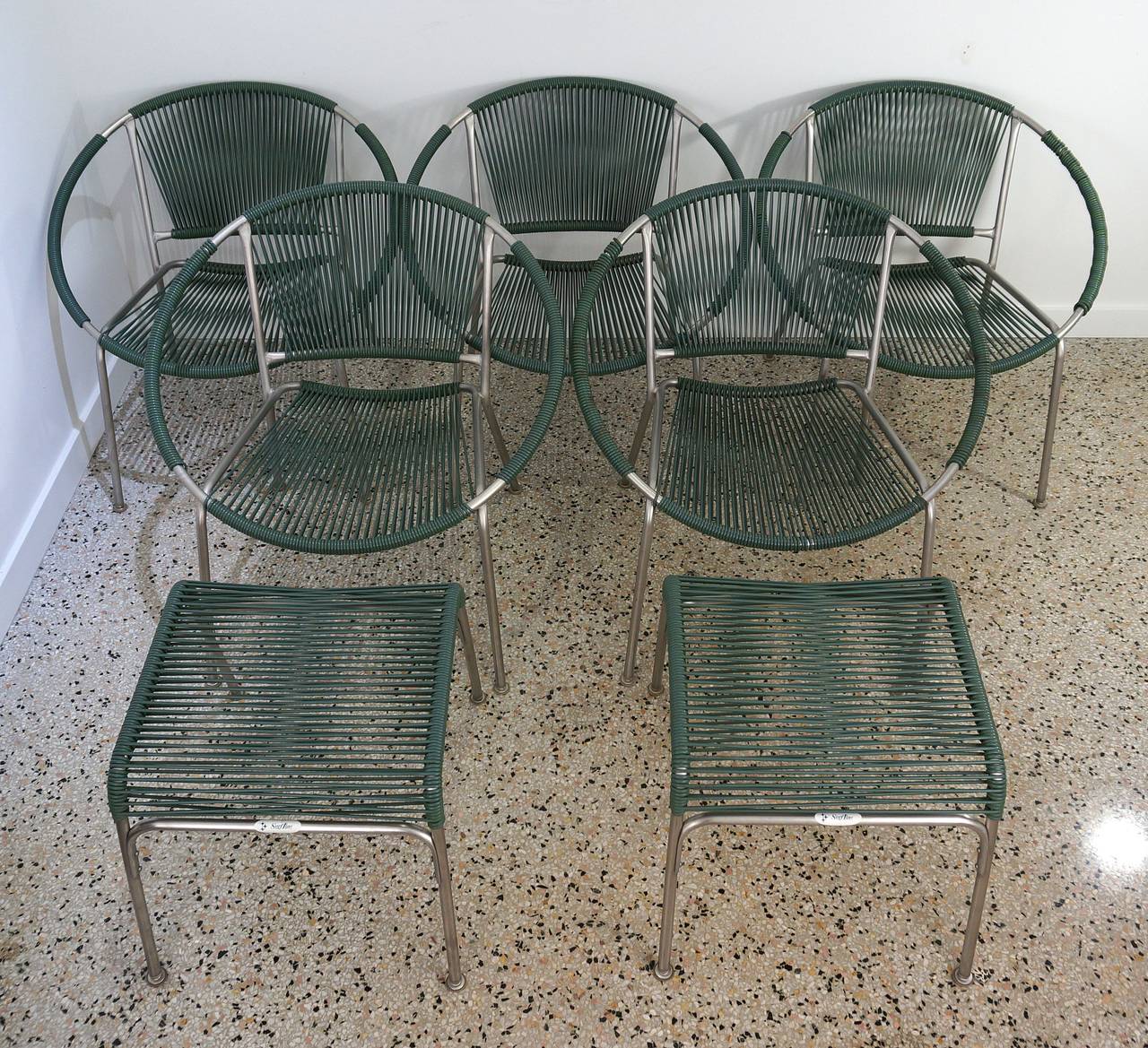 Set of Five MidCentury Patio Chairs with Two Ottoman "Surf Line