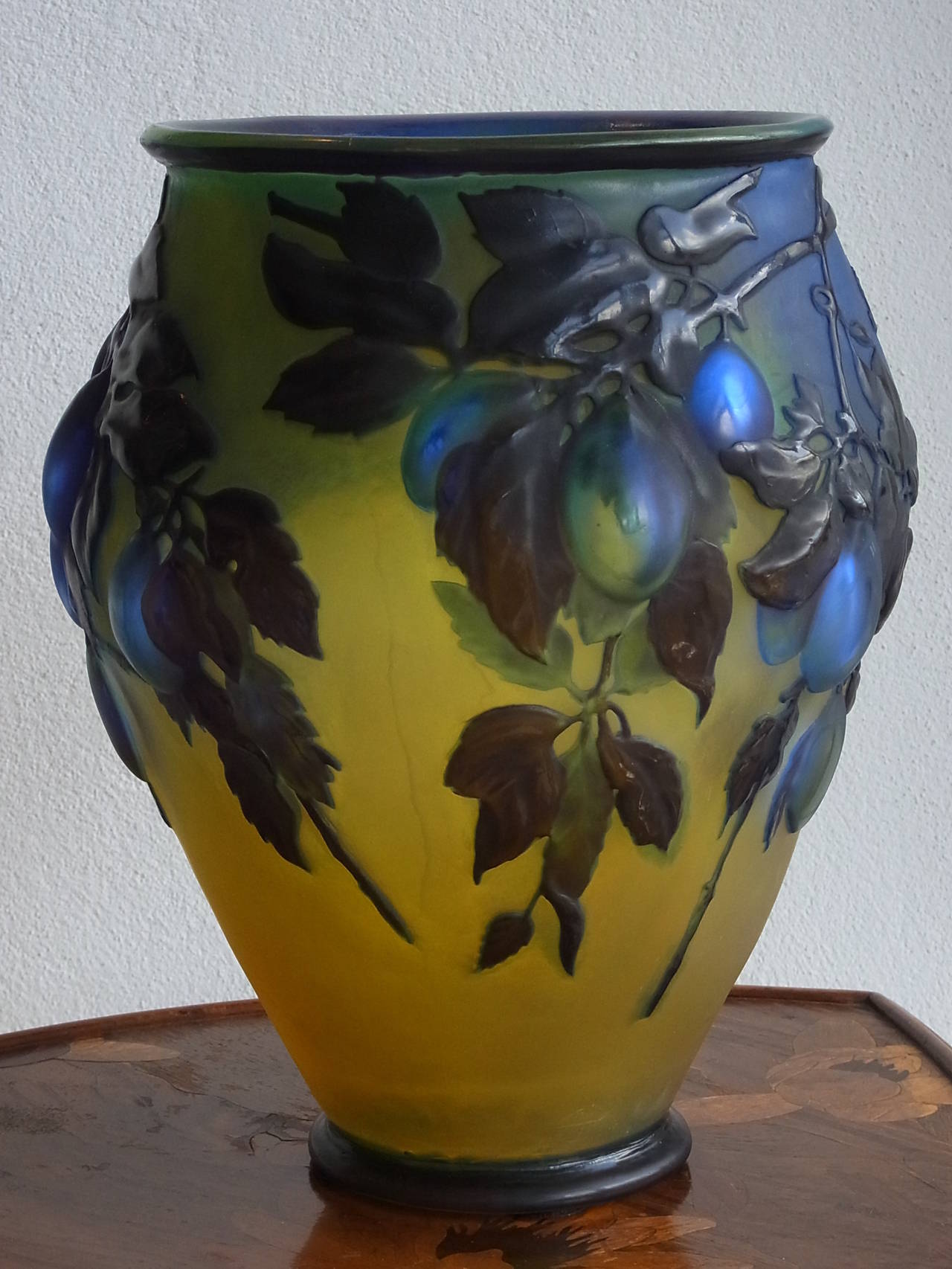 Blue Plum MoldBlown Cameo Glass Vase by Emile Gallé, circa 1918 For