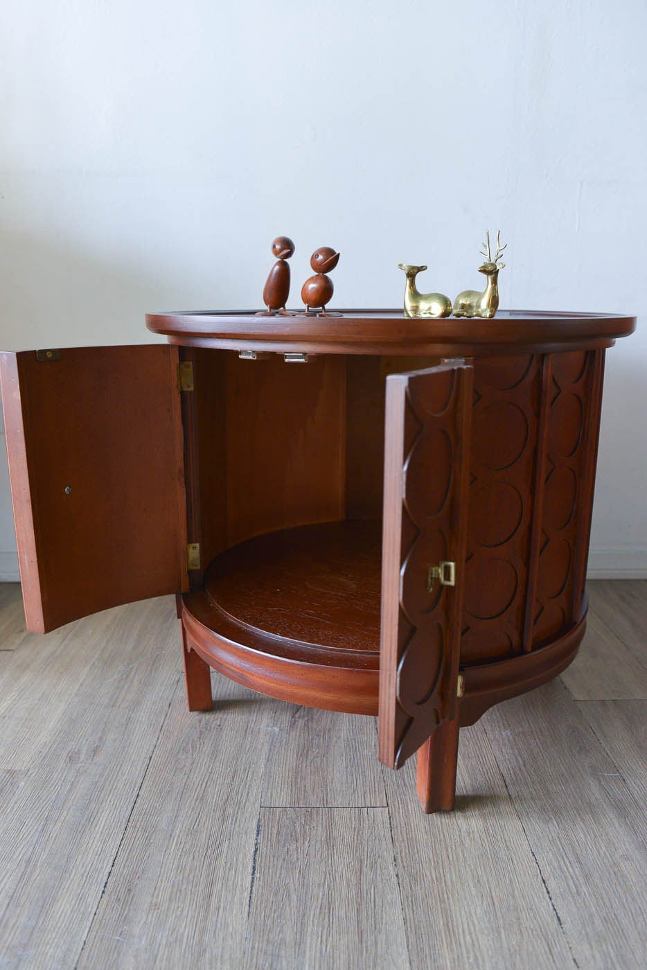 Walnut and Brass Circular Drum at 1stDibs