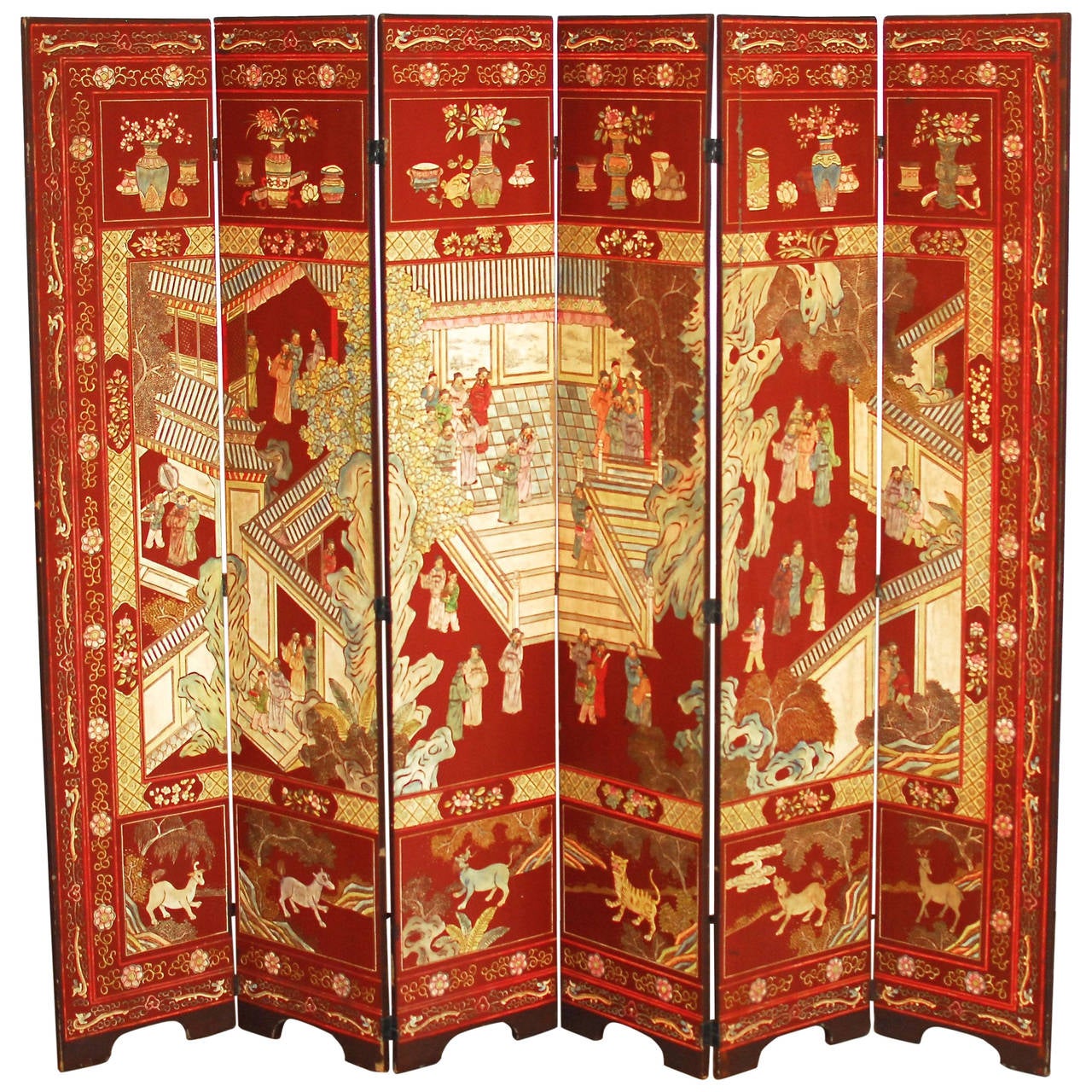 19th Century Red Lacquer Coromandel Screen at 1stDibs