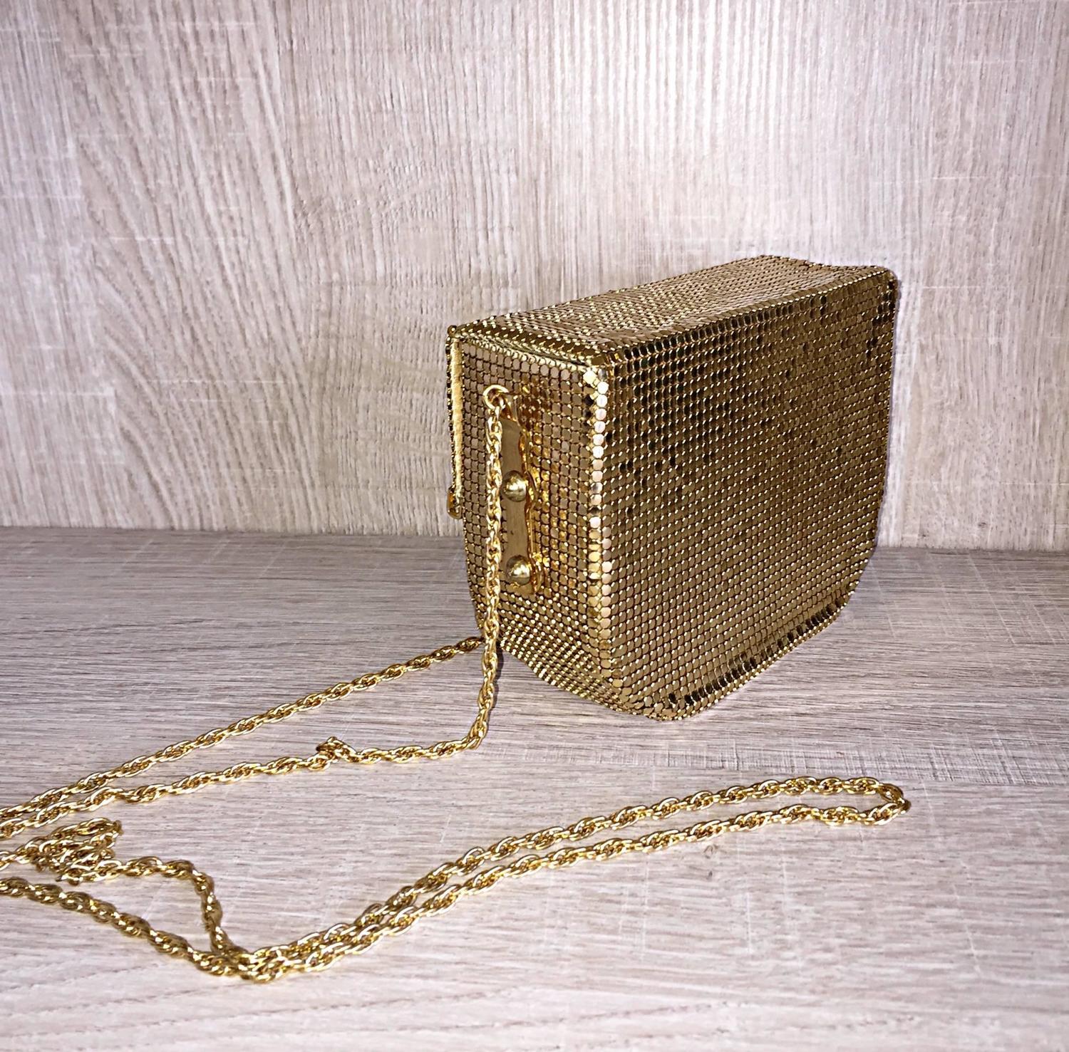 1980s Vintage Oroton Gold Chain Mail Metal Mesh Tassel Box Bag Purse