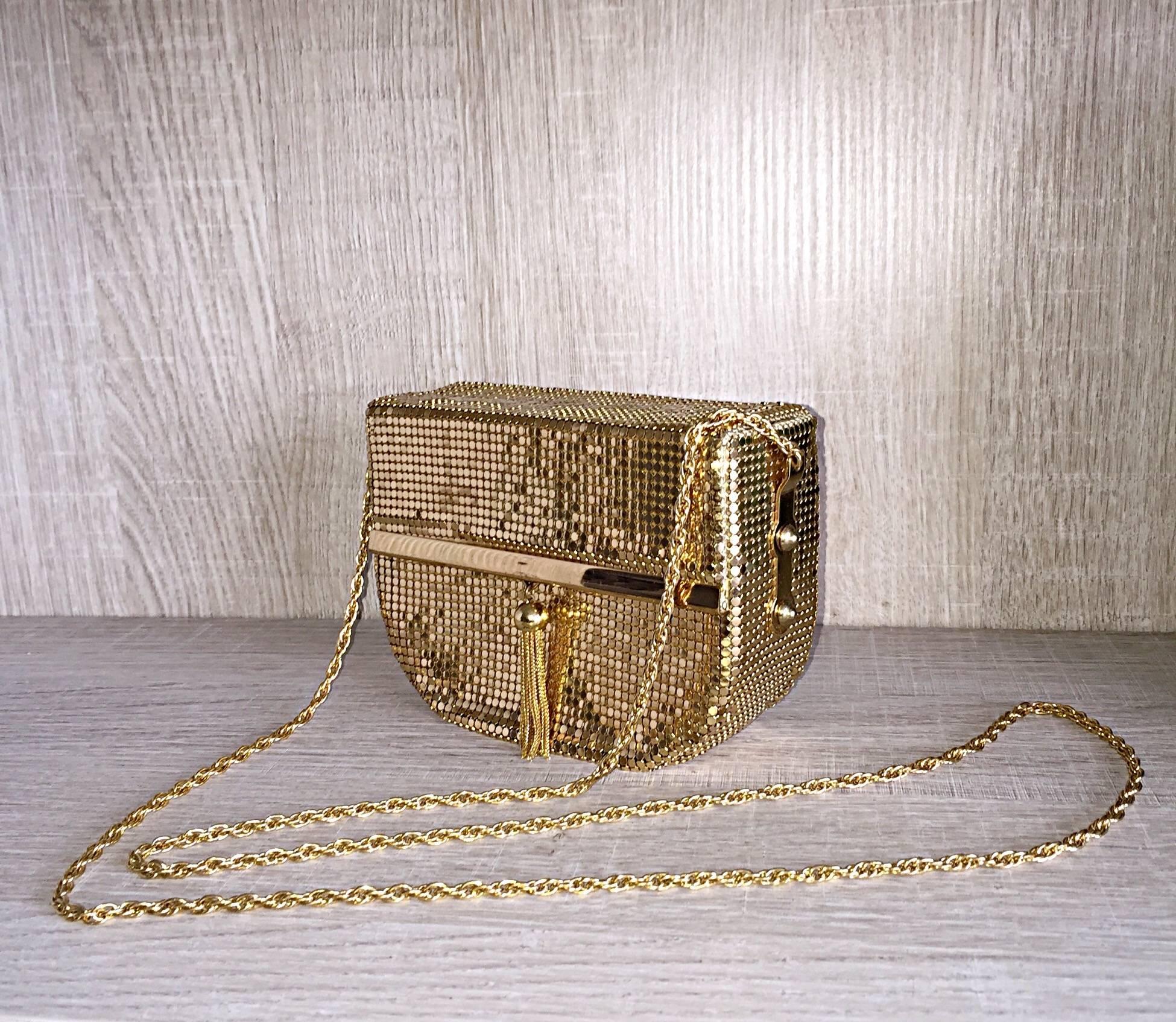 1980s Vintage Oroton Gold Chain Mail Metal Mesh Tassel Box Bag Purse