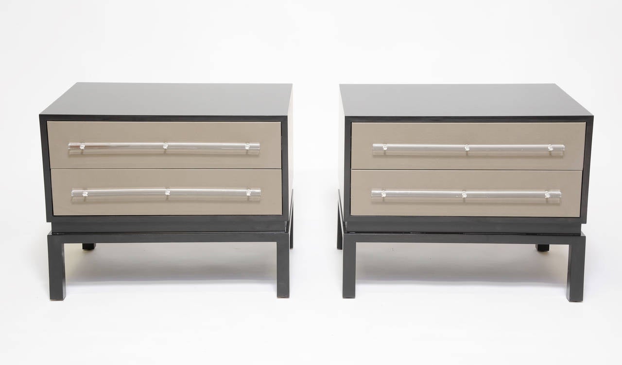 Monumental Nightstands with Leather Fronts and Lucite Pulls at 1stdibs
