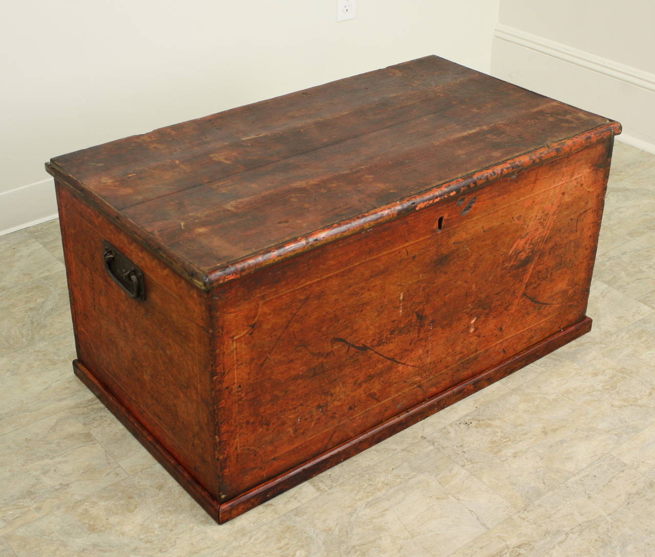 Antique English Red Painted Pine Trunk For Sale at 1stdibs