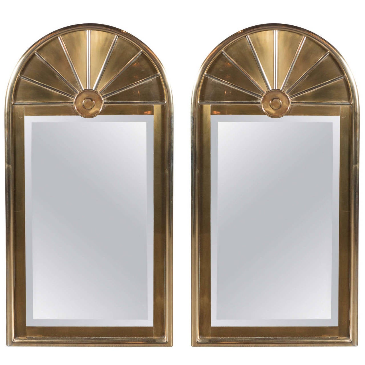 Pair of MidCentuy Modernist Arch Form Mirrors in Brushed Brass by