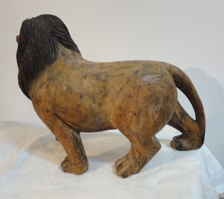 Pair of 19th Century Monumental Hand Carved and Painted Table Top Lions