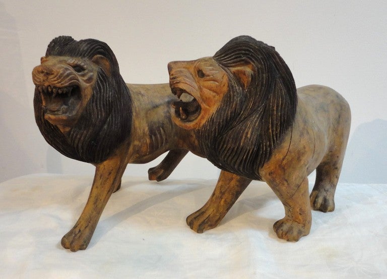 Pair of 19th Century Monumental Hand Carved and Painted Table Top Lions