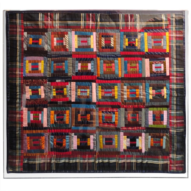 19th Century Rare Mounted Silk Log Cabin Quaker Crib Quilt from