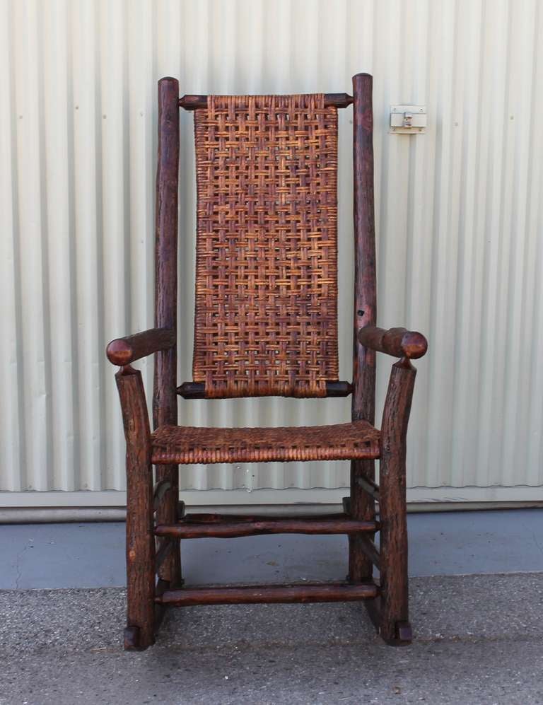Monumental Old Hickory High Back Rocker with Open Cane Weave at 1stDibs