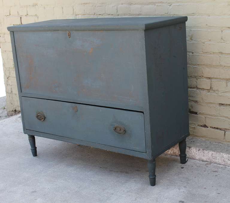 19th Century New England Original Blue Painted Tall Blanket Chest at