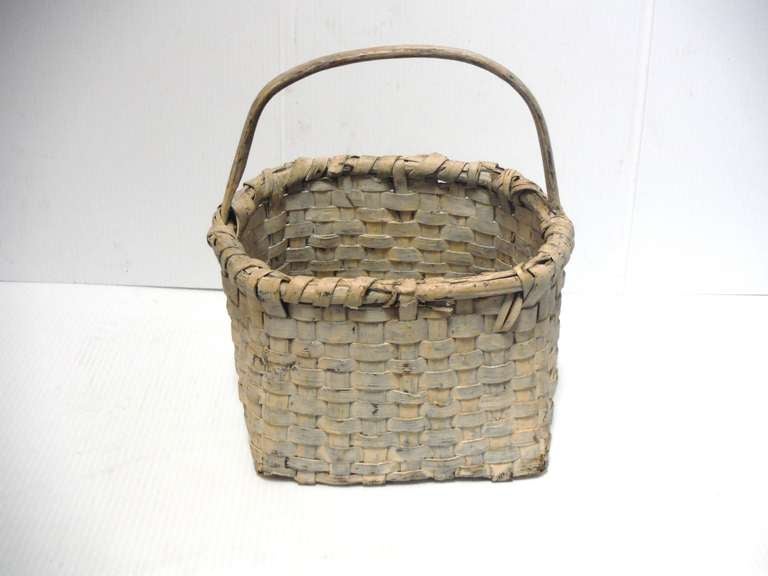19th Century Original Cream Painted Handmade Basket from New England