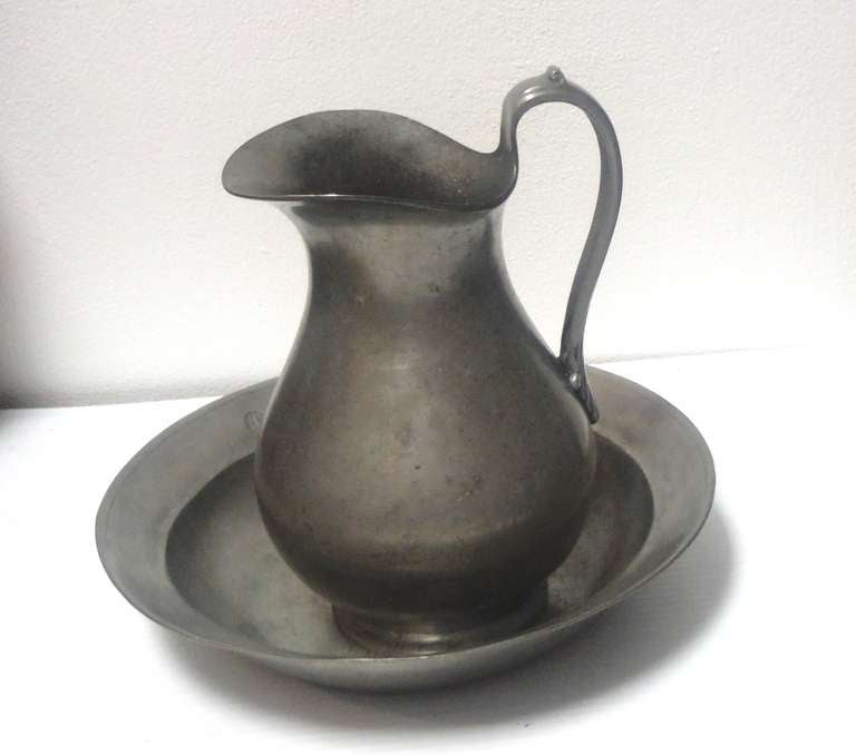 Monumental Pewter Pitcher and Bowl Dated 1760 For Sale at 1stDibs