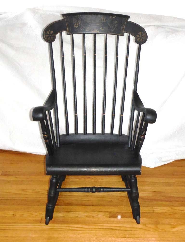 19thc Original Black Painted and Stenciled Fruit Boston Rocking Chair
