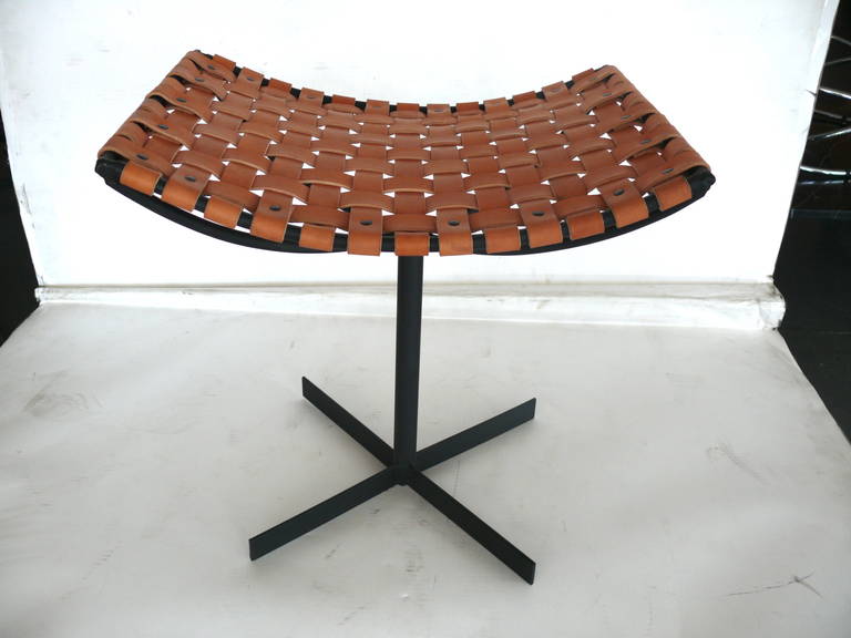 Woven Leather and Iron Stool by Orange Los Angeles For Sale at 1stdibs