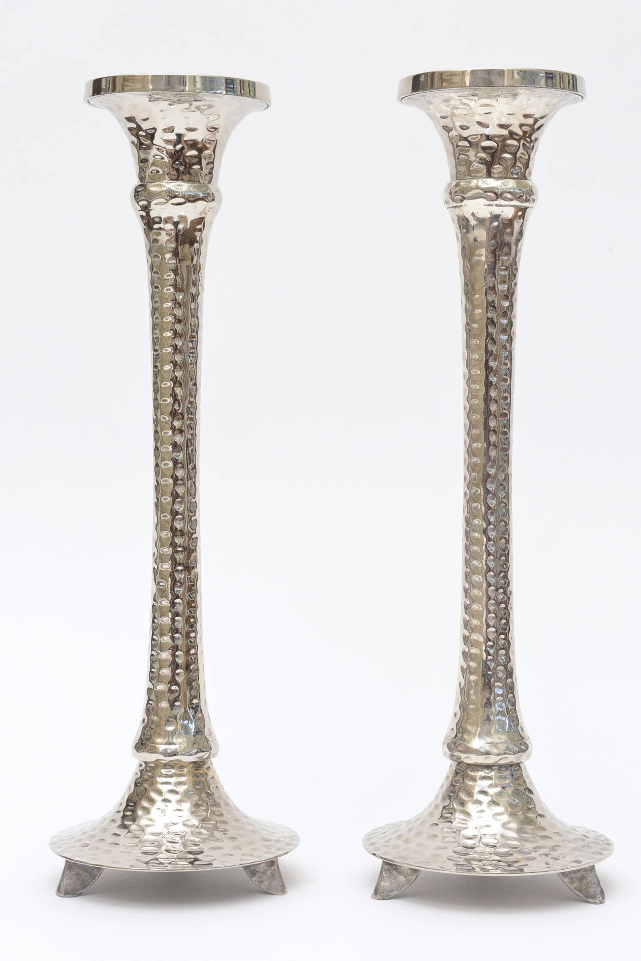 Pair of Hand Hammered SilverPlate Tall Candlesticks at 1stDibs