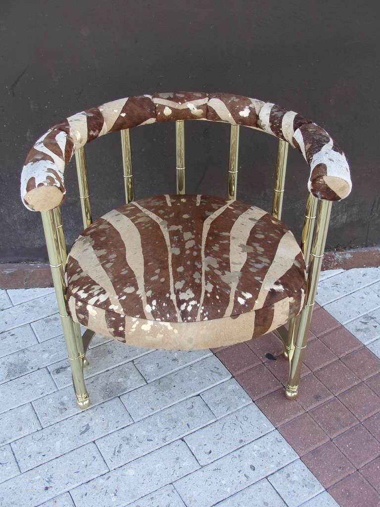 Metallic Cowhide in Zebra Print Brass and Leather Armchair For Sale at