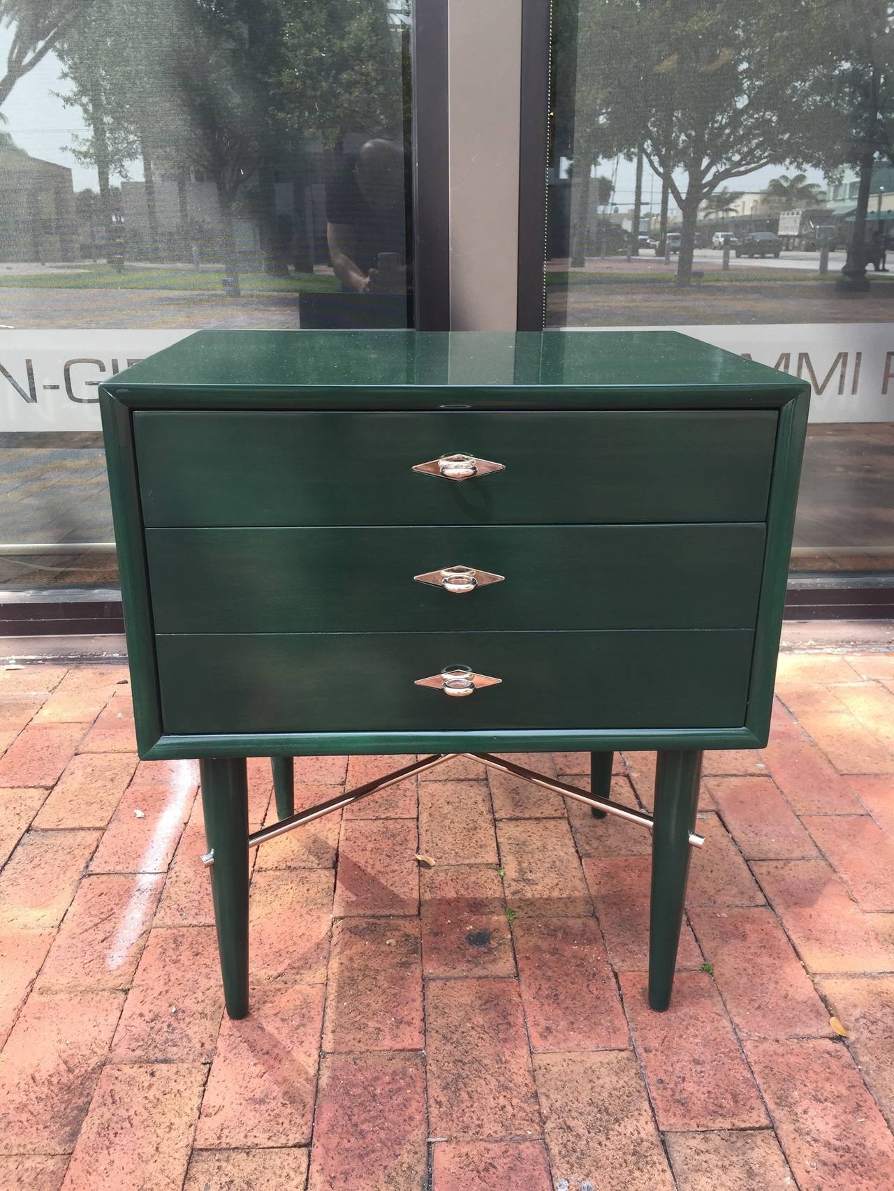 Pair of High Lacquered Hunter Green and Nickel Nightstands at 1stdibs