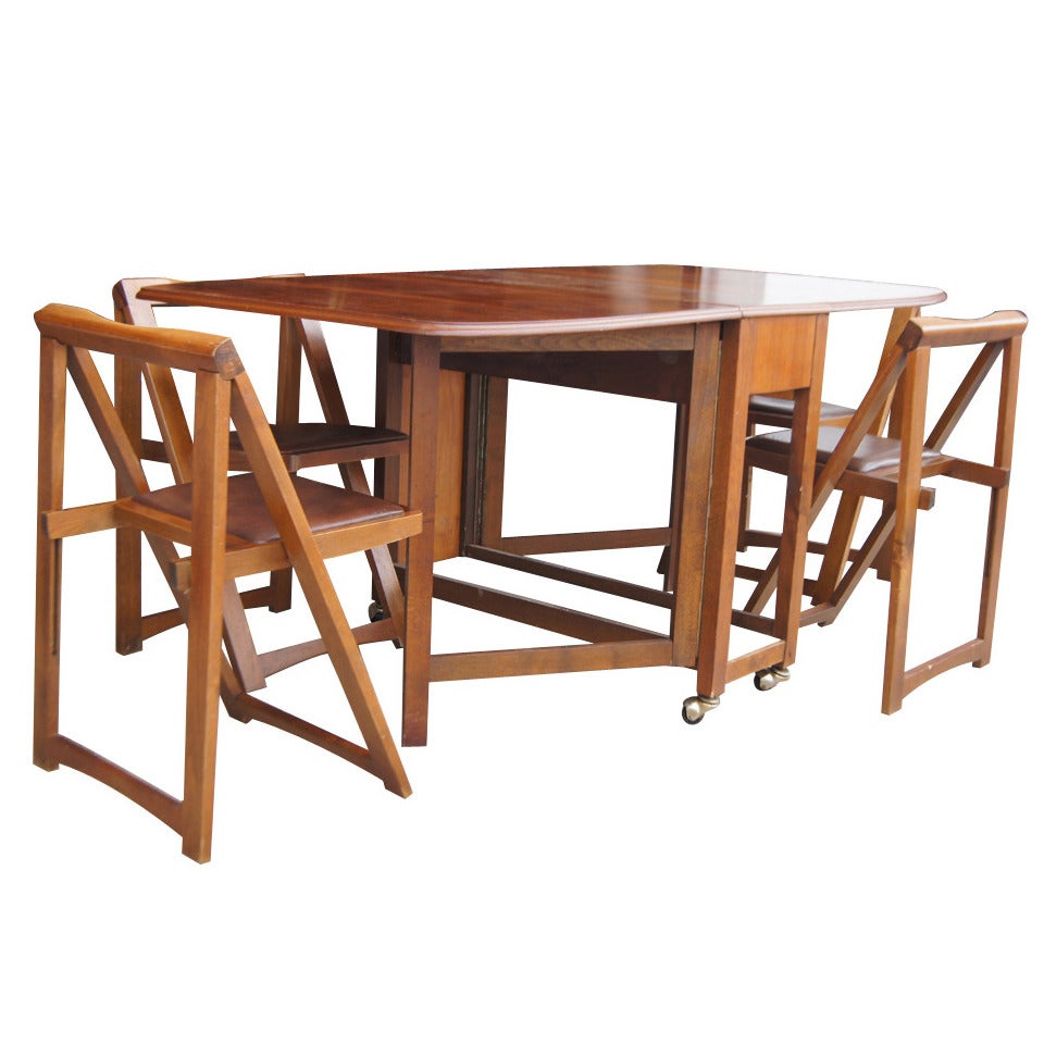 Vintage 68" Wood Folding Dining Table with Four Chairs Set at 1stDibs