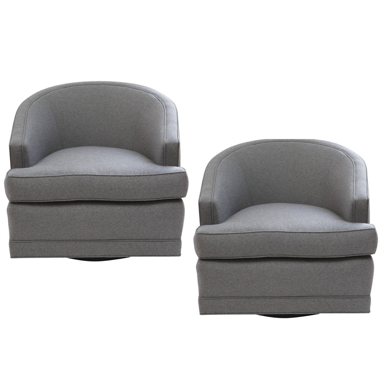 Pair of Grey Flannel, Barrel Back Swivel Chairs at 1stDibs