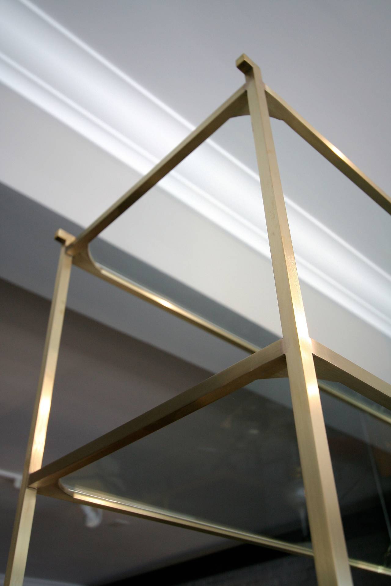 Pair of Tall Custom Brass Étagères with Glass Shelves For Sale at 1stdibs