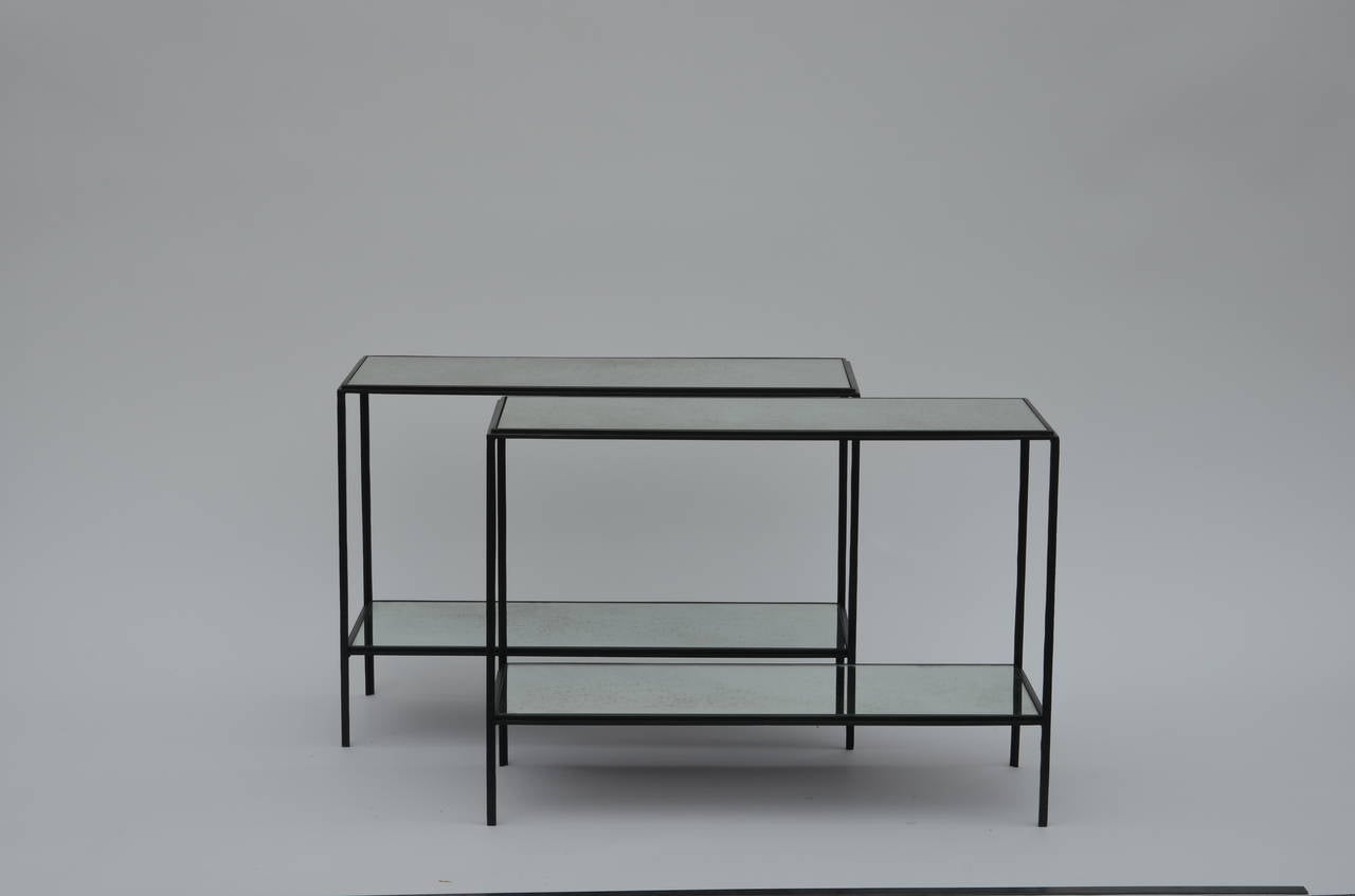 Pair of Narrow 'Rectiligne' Mirrored Wrought Iron End Tables by Design Frères For Sale at 1stdibs