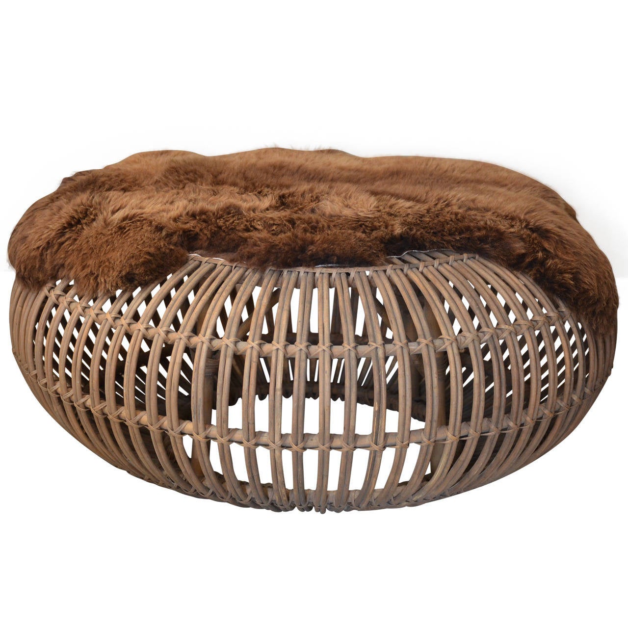 Large Round Rattan Ottoman with Thick Fur Cover by Franco Albini at 1stDibs