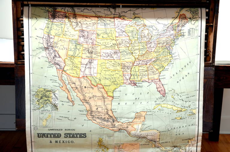 Rare Antique Classroom Pull Down Map In Oak Case at 1stDibs