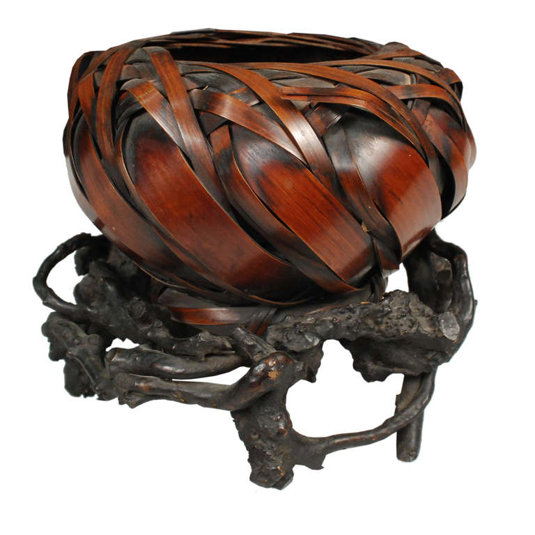 19th Century Japanese Woven Ikebana Basket on Hardwood Stand at 1stDibs