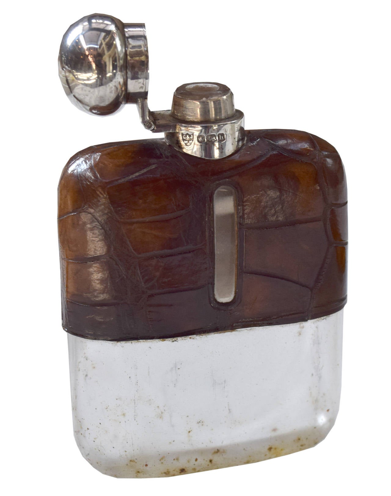 Set of Three Vintage Silver and Stamped Leather Hip Flasks For Sale at