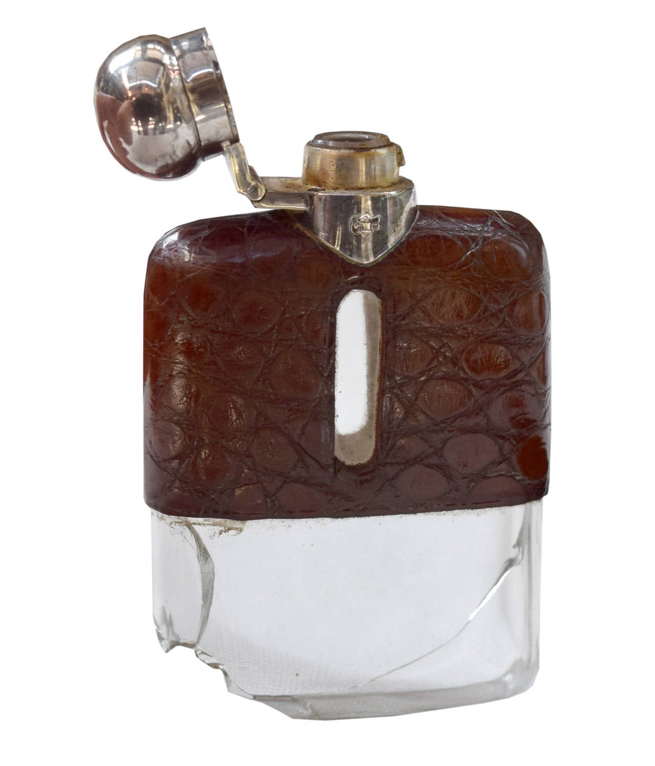 Set of Three Vintage Silver and Stamped Leather Hip Flasks For Sale at