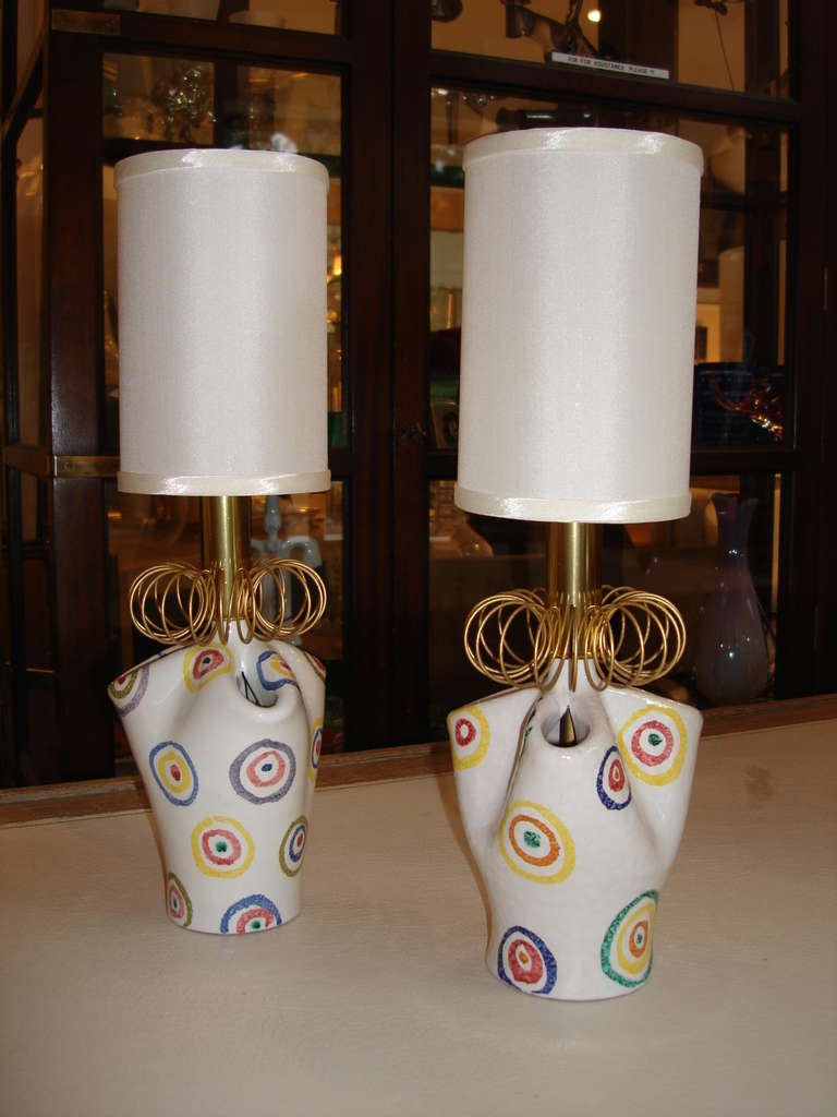 Pair of Playful Painted Ceramic Boudoir Lamps For Sale at 1stdibs