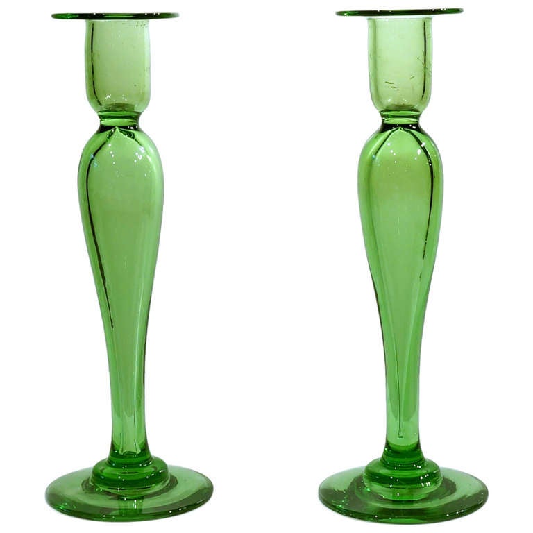 Pair of Hand Blown Crystal Apple Green Candlesticks by Pairpoint For
