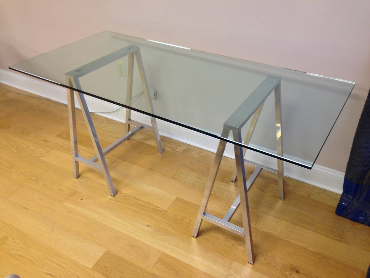 Glass Top Aluminum Saw Horse Leg Table or Desk at 1stDibs chrome