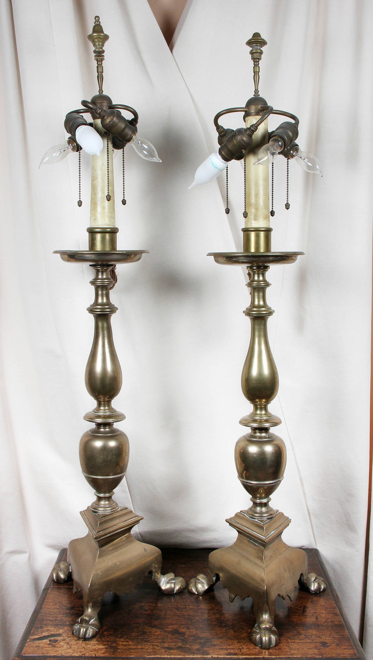 Pair of Flemish Bell Metal Bronze Candlestick Lamps at 1stdibs