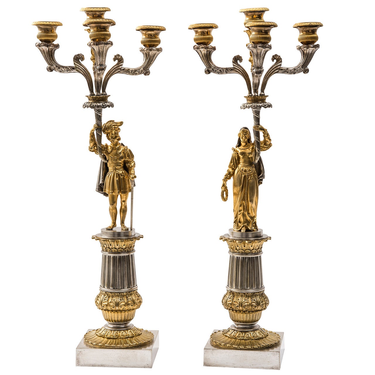 Pair of ThreeGlass Classical Figural Lighting Candelabrum, circa 1830