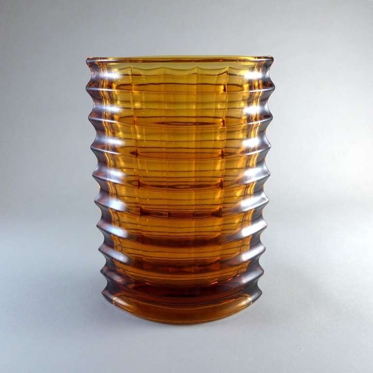 A Ribbed Elliptical Amber Pressed Glass Vase For Sale at 1stDibs