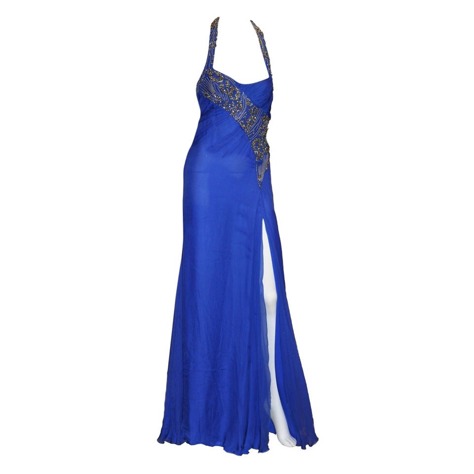 New VERSACE EMBELLISHED ROYAL BLUE CHIFFON SILK GOWN For Sale at 1stdibs