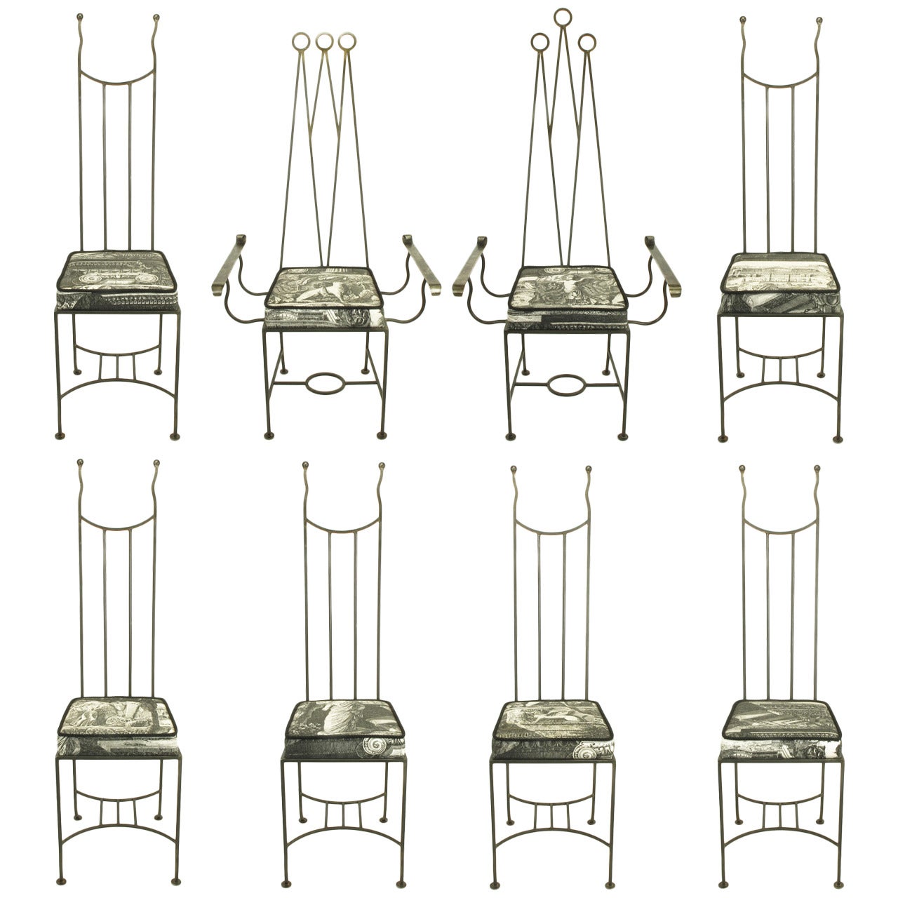 Set of Eight Blackened, Wrought Iron, Tall "Royal" Dining Chairs For