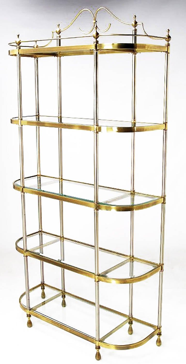 Italian Regency Brass and Brushed Steel, FiveShelf Etagere For Sale at Italian Regency Brass and Brushed Steel, FiveShelf Etagere For Sale at