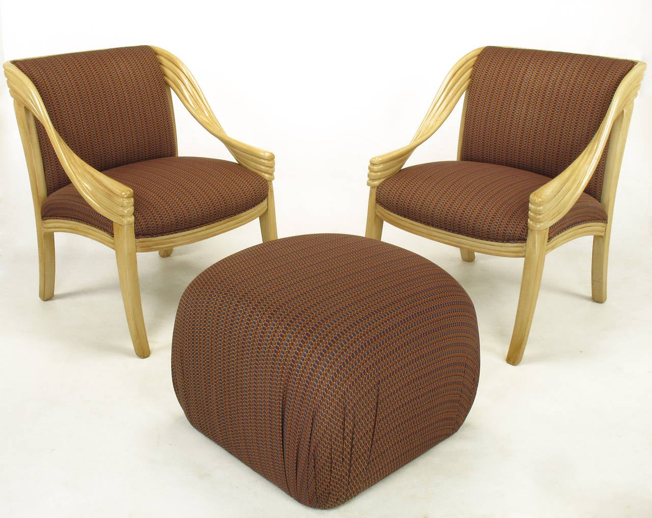 Pair of Weiman HandCarved RattanForm Lounge Chairs with Ottoman in
