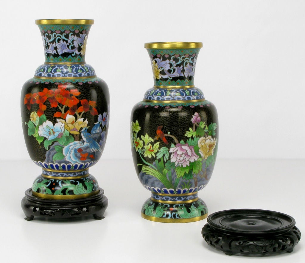 Pair Colorful Floral Cloisonne Vases On Carved Bases For Sale at