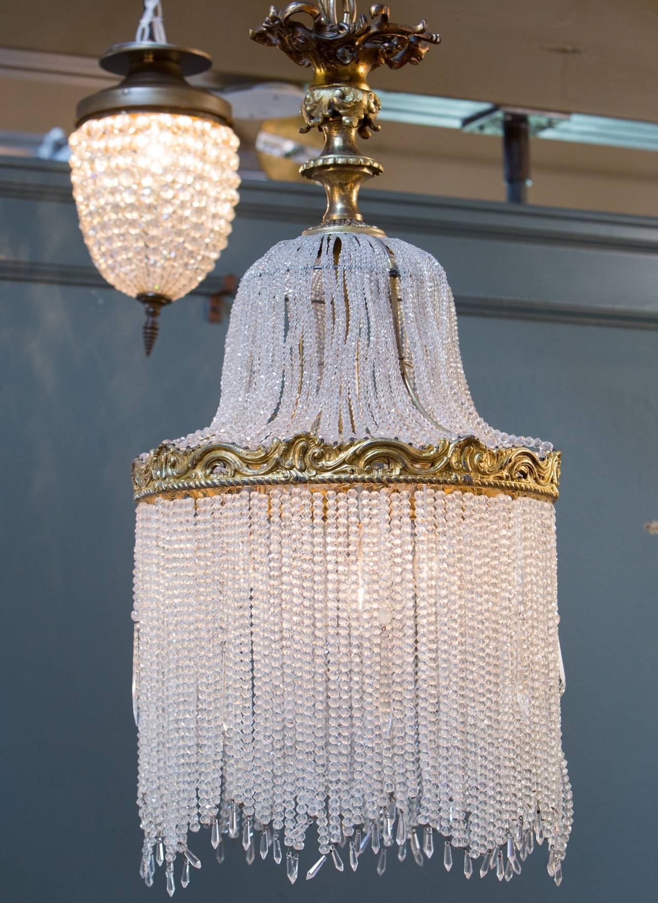 Antique French Gilt of Bronze Crystal Beaded Light at 1stdibs
